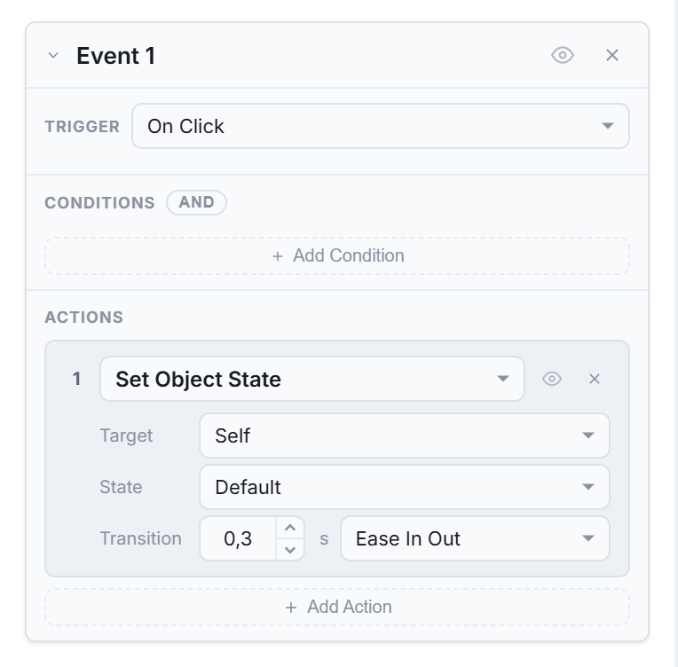 Events panel — trigger, condition, action model