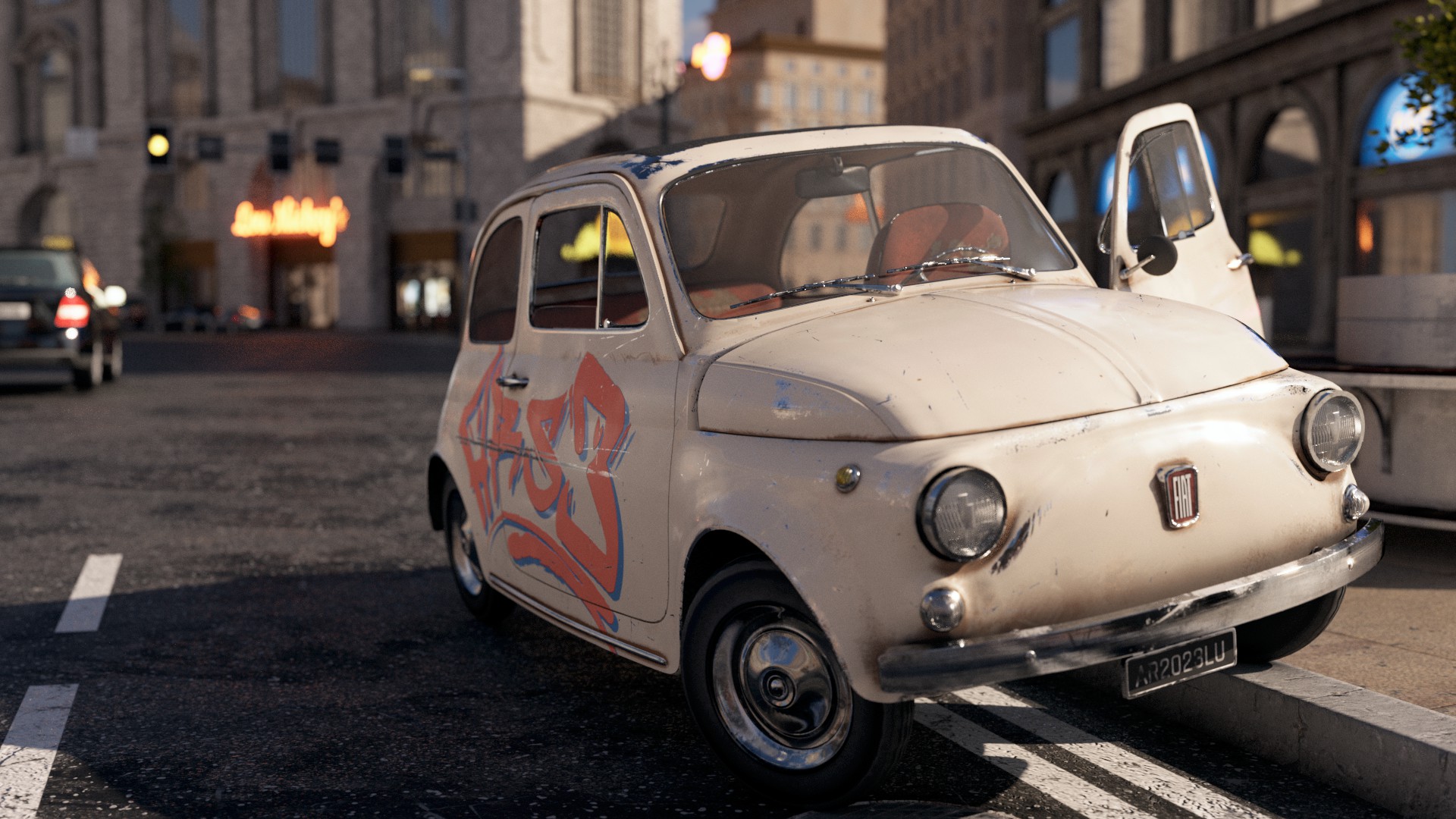 Fiat 500 — V-Ray photoreal render, damaged